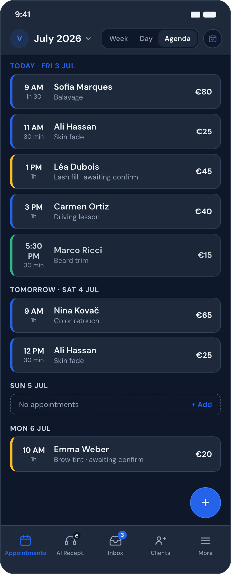bbook on mobile, agenda view in dark mode